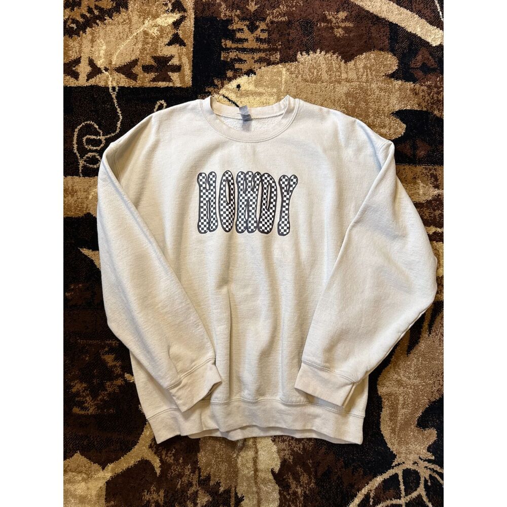 Gildan HOWDY Checkered Graphic Crewneck Sweatshirt Tan Cream Women's XL Western